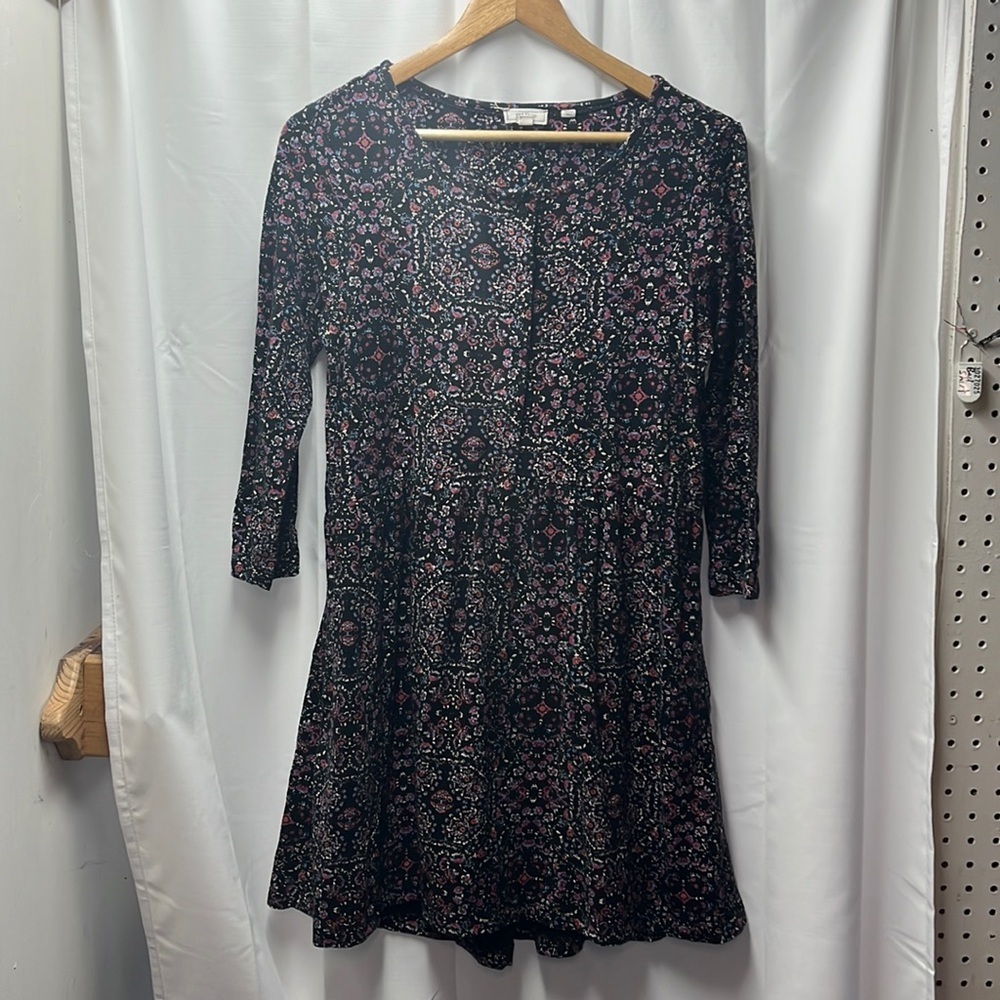 Fat Face Black Purple Floral Button‎ Front Babydoll Dress- 8